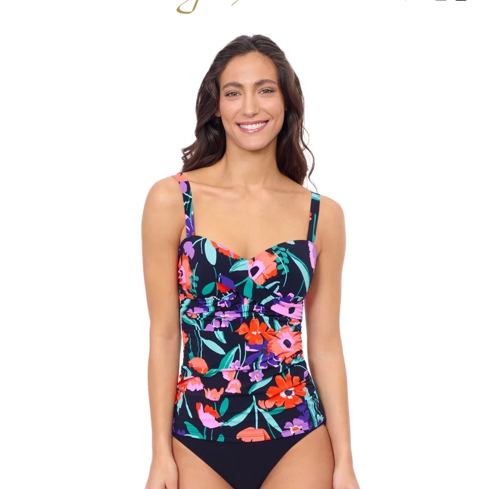 Profile by Gottex luxury swimwear Black Floral Tankini Top w/Multicolor Leaves - Picture 12 of 13